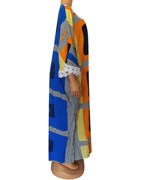 Colorful O-neck Bat Sleeve Kaftan for Women in African Print